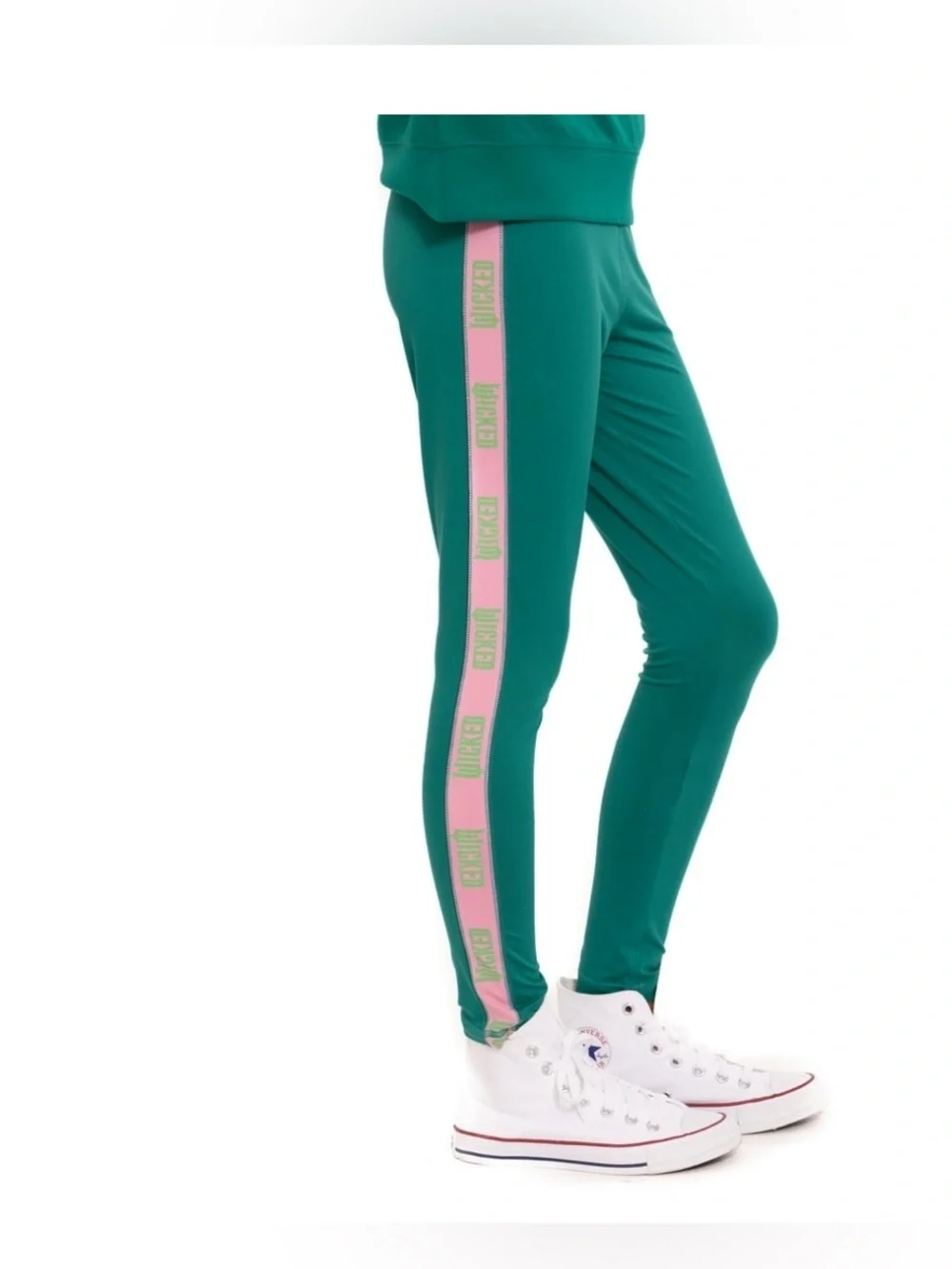 NWT-Girls 7/8 Wicked logo Green Track Leggings with Pink Logo Stripe